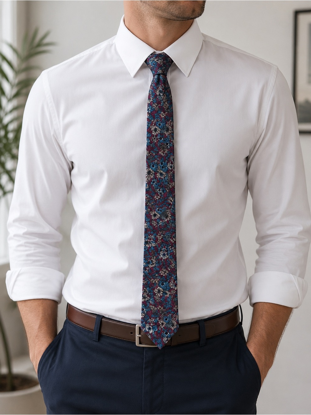 Salvatori 100% Silk Floral Necktie Blue Burgundy Tan Men’s Classic Wide Tie